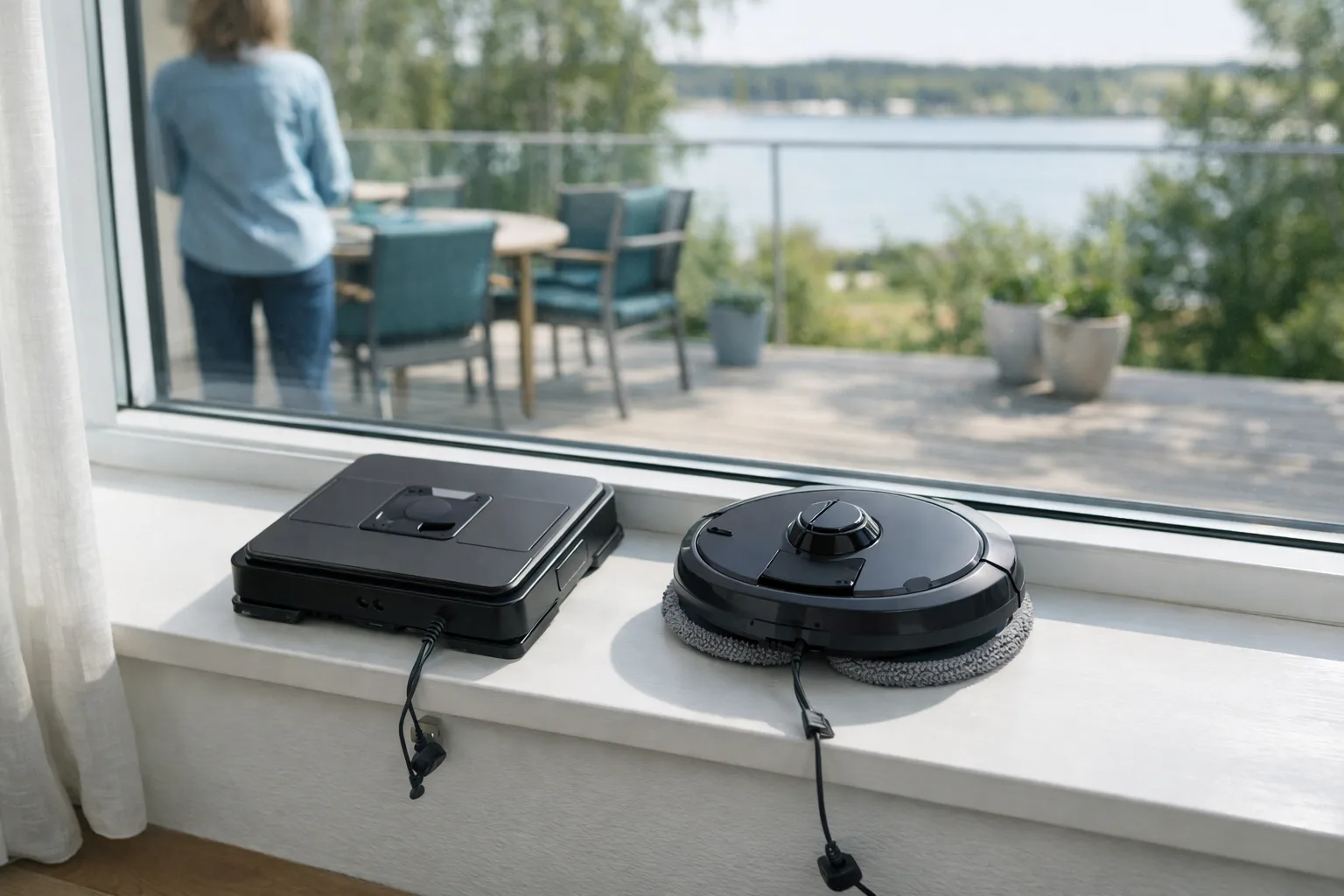 Två generiska fönsterputsrobotar framför ett stort fönster.