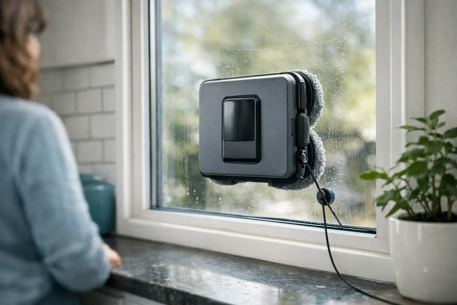 Liten generisk fönsterputsrobot på köksfönster.