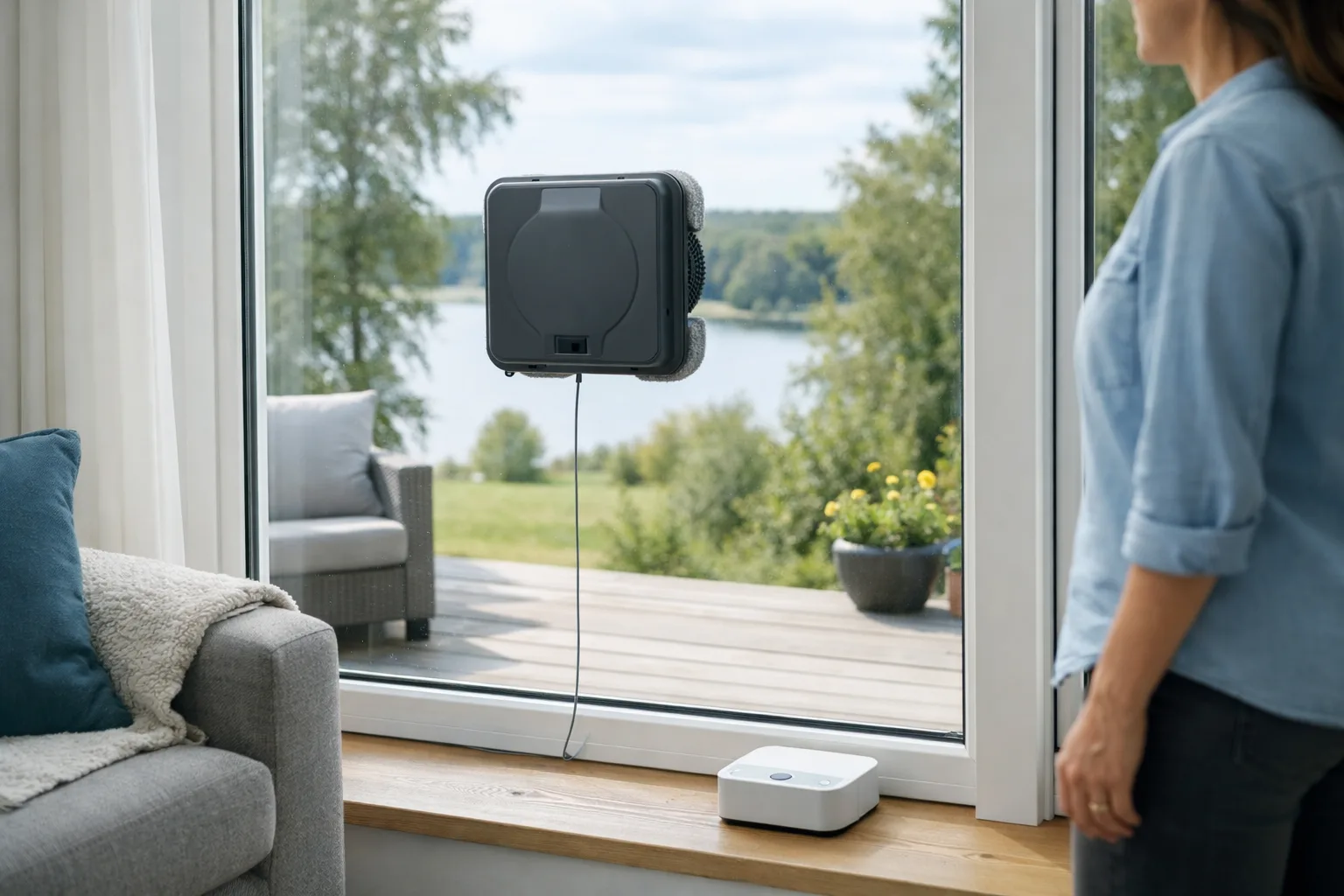 Generisk fönsterputsrobot vid ett högt fönster.