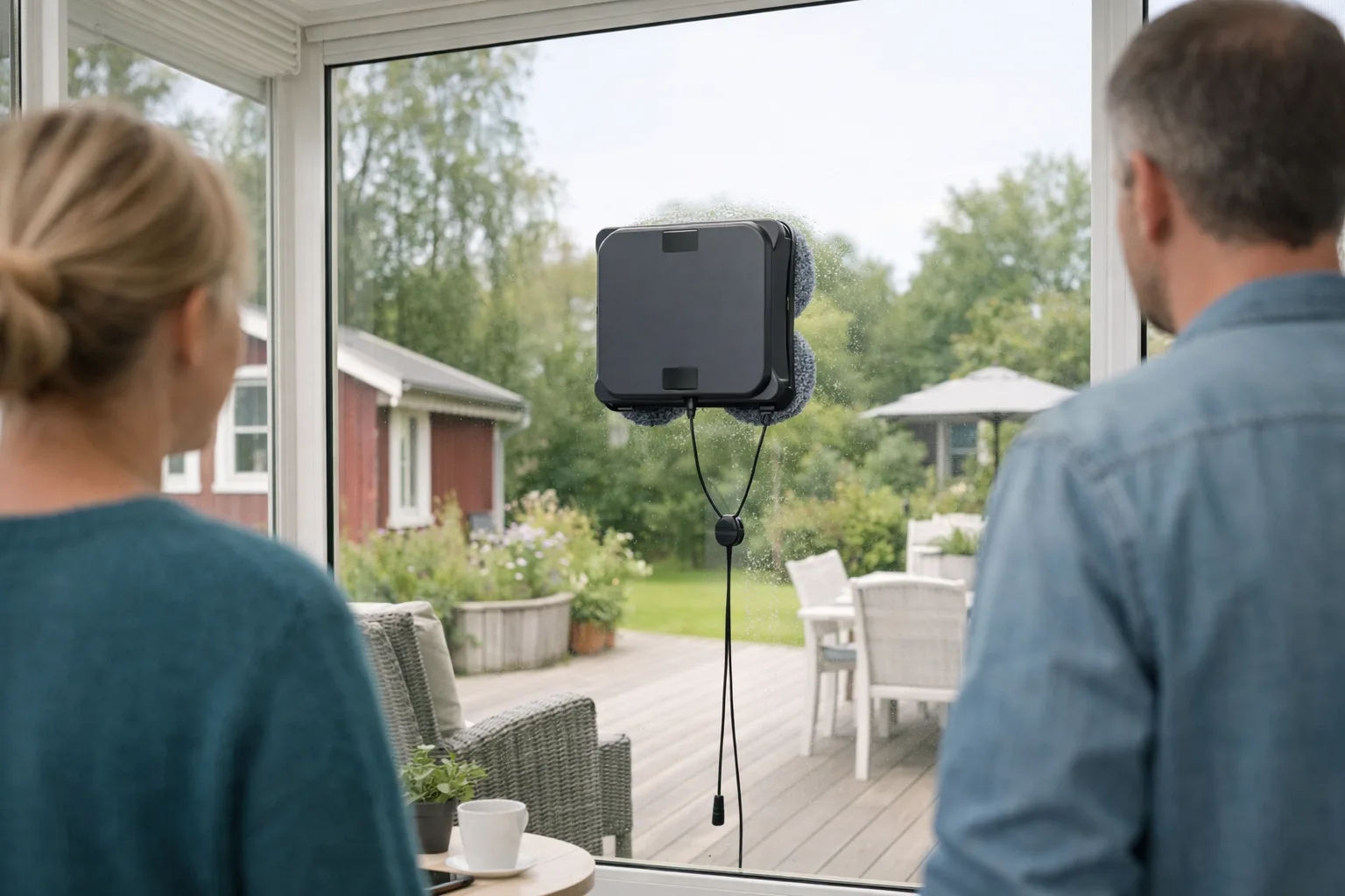 Generisk fönsterputsrobot på ett uterumsfönster.