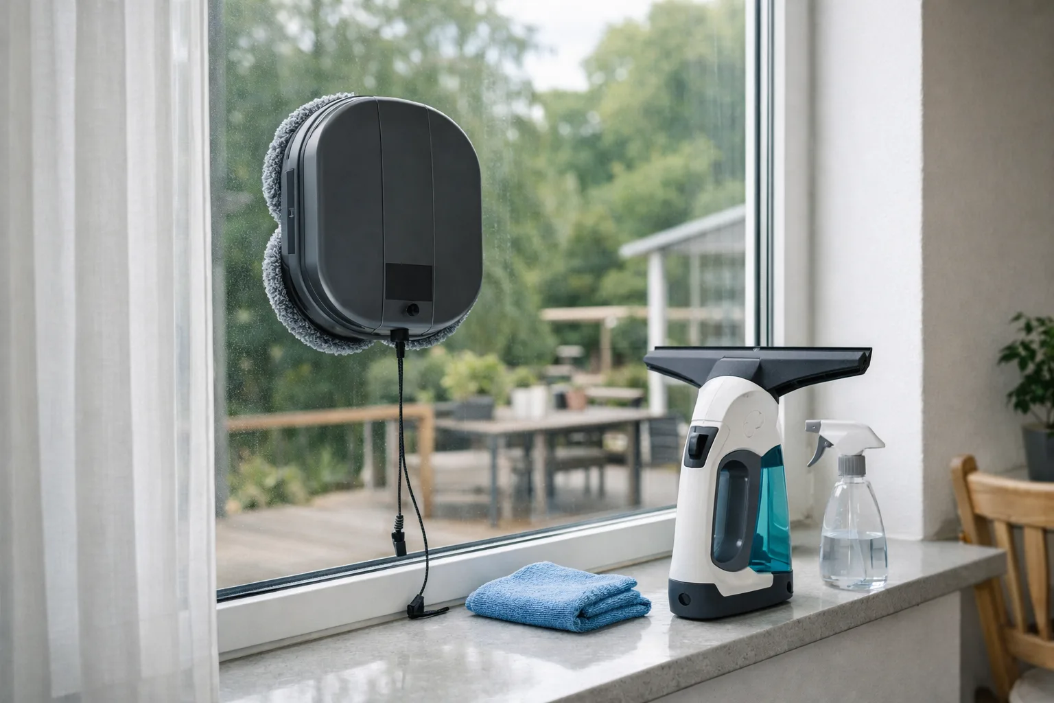 Robot och handhållen fönsterputsmaskin vid ett fönster.