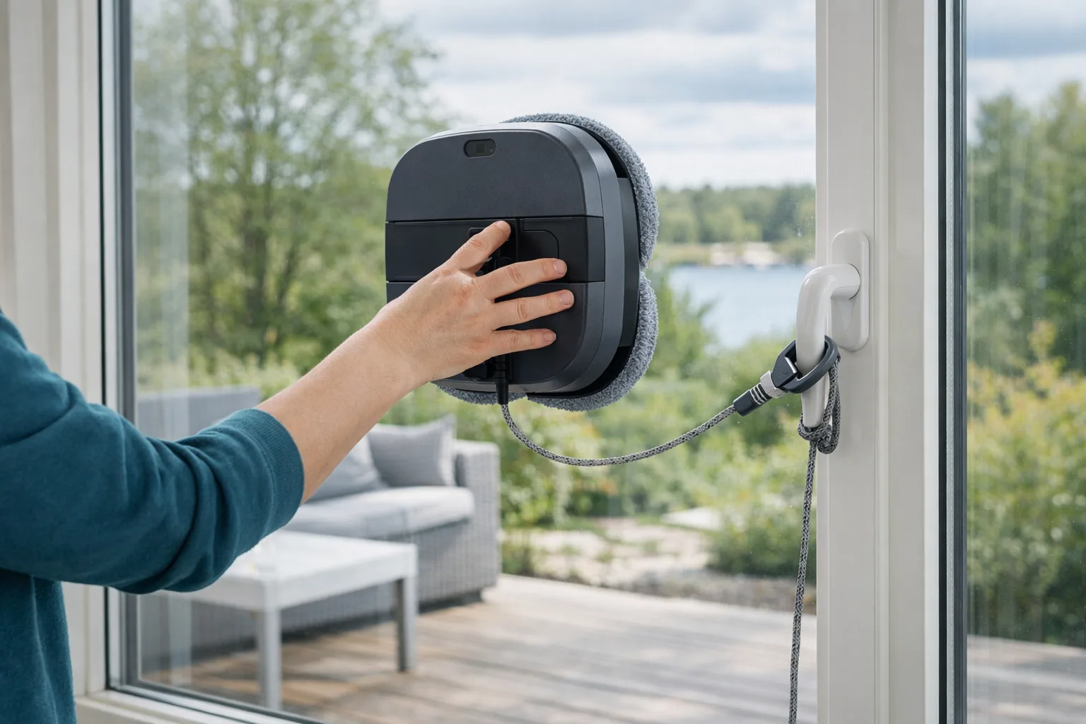 Fönsterputsrobot som sitter fäst på ett fönster med säkerhetslina.