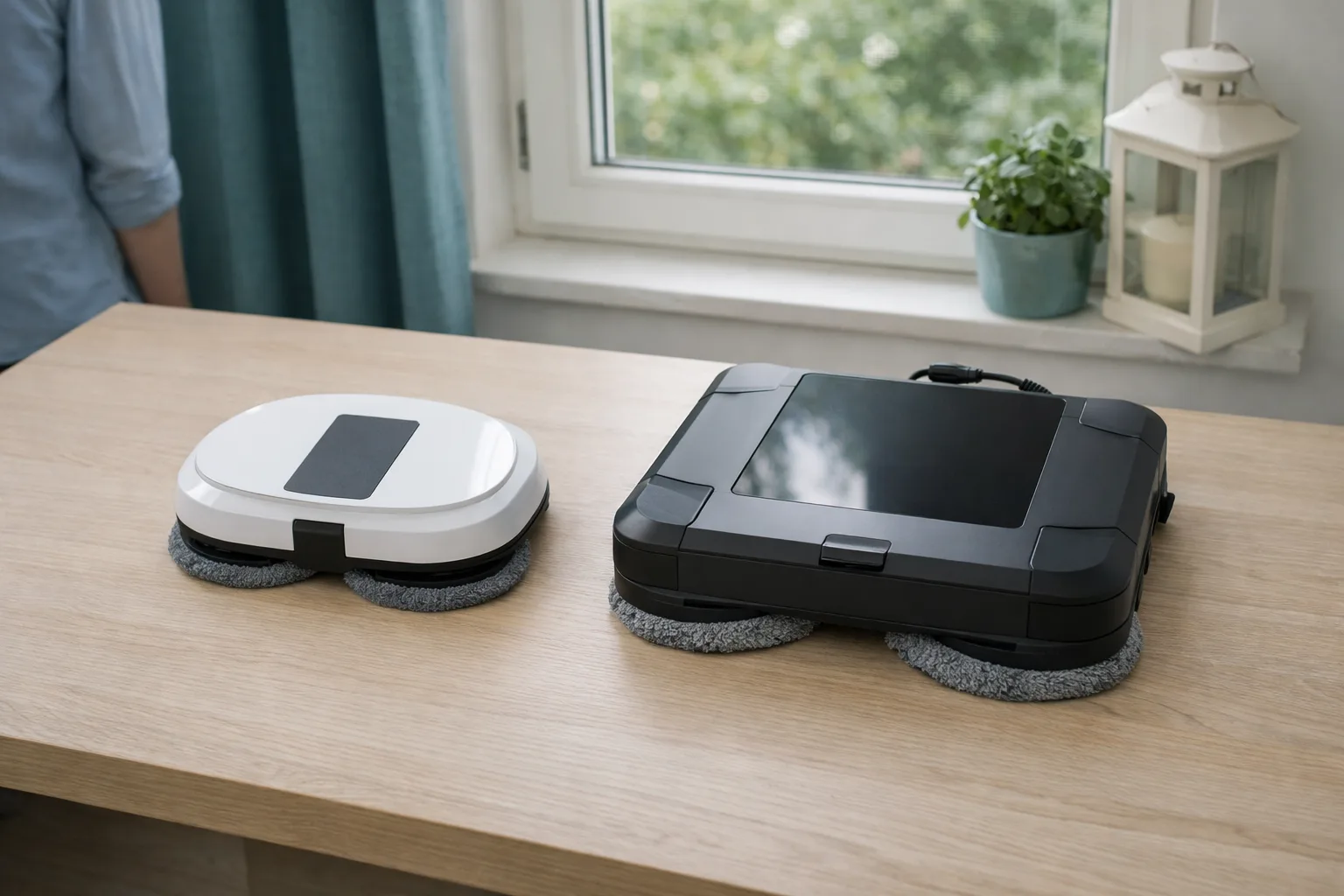 Fönsterputsrobot på ett fönster i ett svenskt hem.