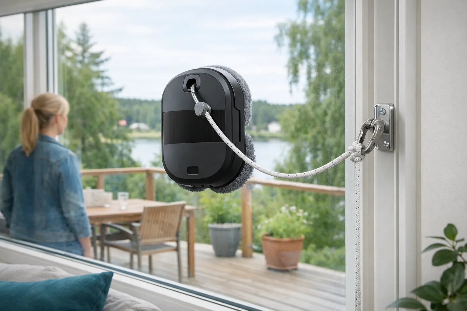 Fönsterputsrobot säkrad med lina och fäste.