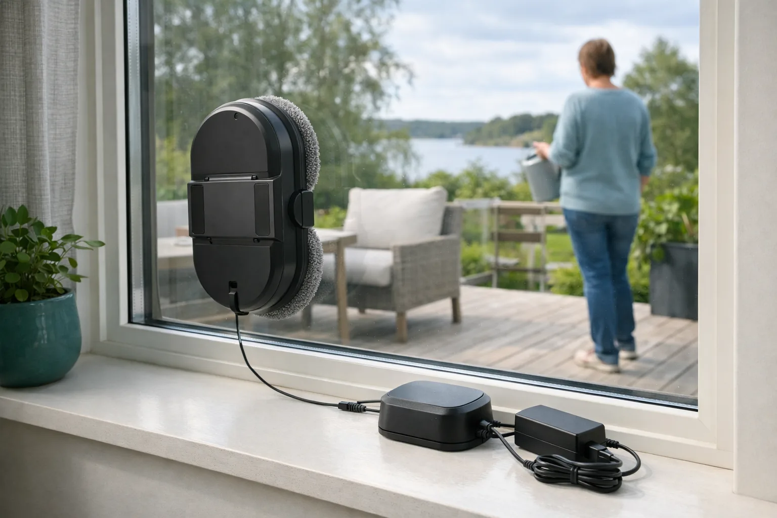 Batteridriven fönsterputsrobot på ett fönster.