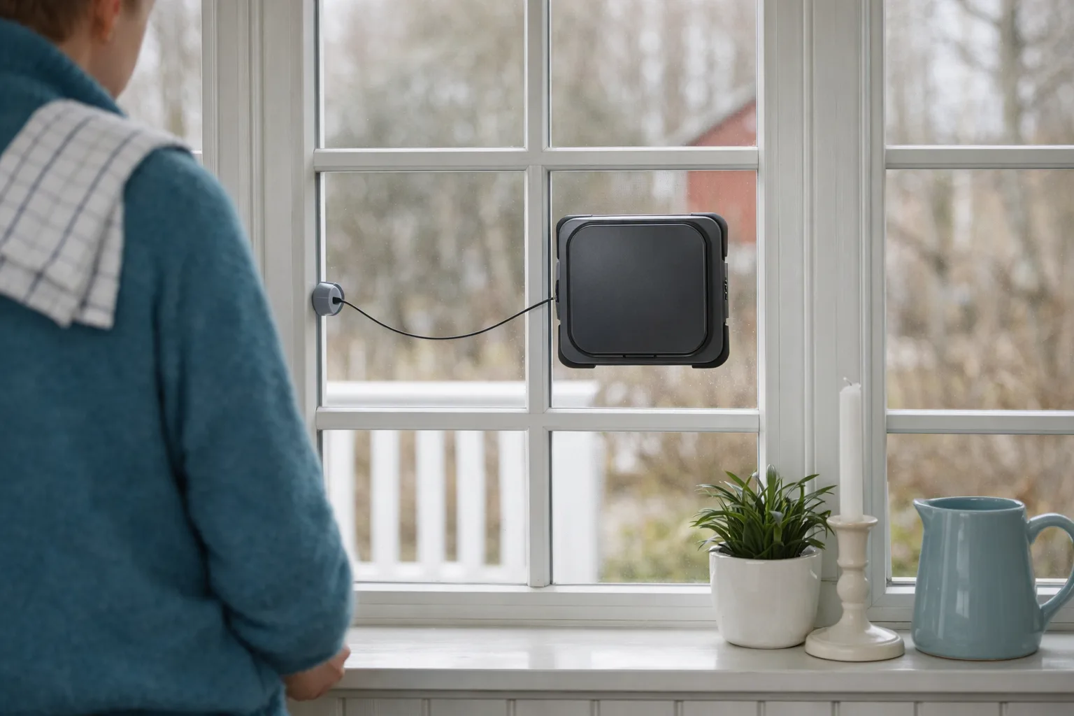 Fönsterputsrobot på en fyrkantig glasruta.