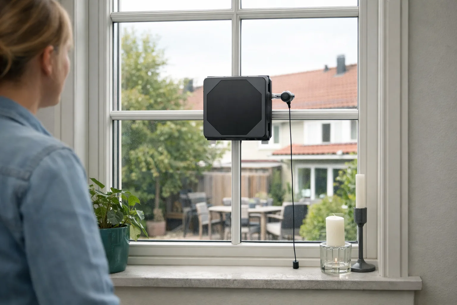 Fönsterputsrobot på ett spröjsat fönster.