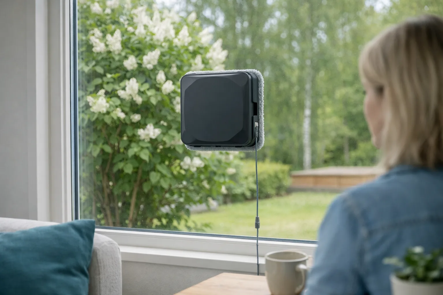 Generisk kompakt fönsterputsrobot på ett fönster.