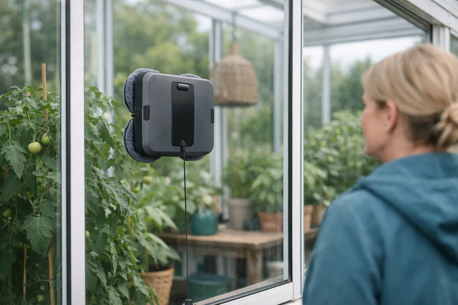 Fönsterputsrobot på ett fönster i ett vardagsrum.