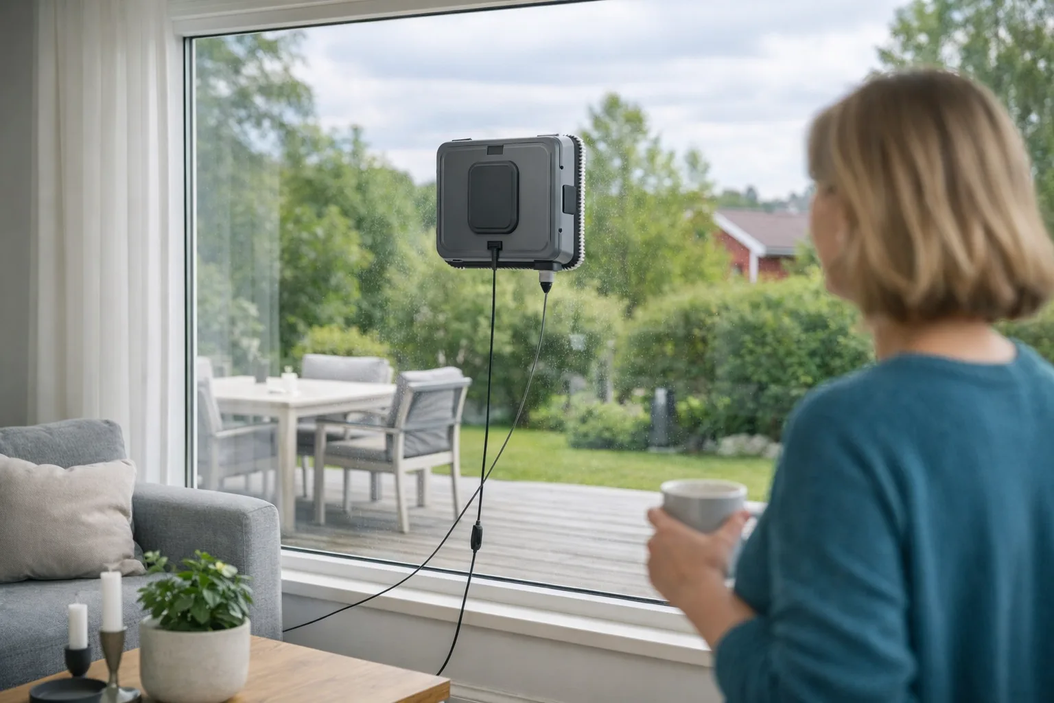 Omärkt fönsterputsrobot på ett vardagsrumsfönster.