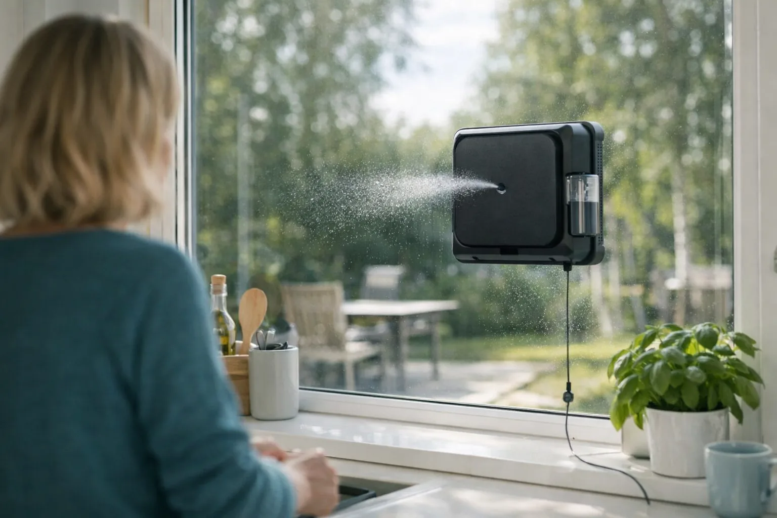 Rund fönsterputsrobot på ett fönster med karm.